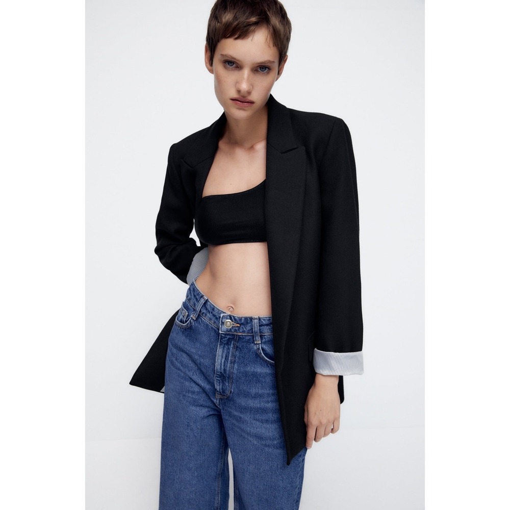 NEW Zara Printed Cuff Blazer in Black Size XS